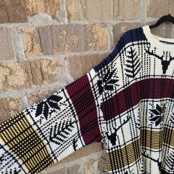 VTG 80s Nautica 100% Cotton Crew Neck Knit Sweater Reindeer Snowflakes Trees XL - Picture 3 of 8